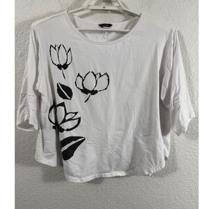 Yasuko Womens White Floral Graphic‎ Cotton T-Shirt Size M/L Short Sleeve Boxy